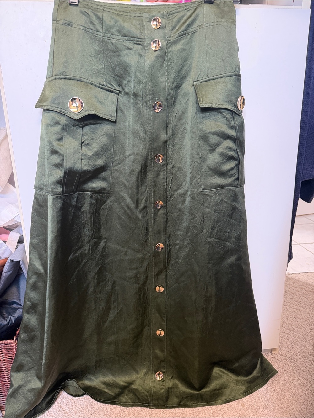 Olive Green Button-Front A-Line Skirt